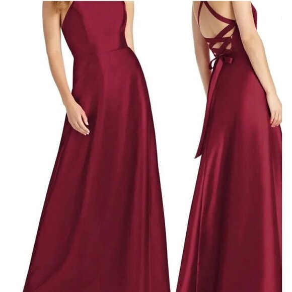 NWT Alfred Sung Size 2 Lace-Up Back Satin Twill A-Line Gown - Burgundy MSRP $25 - Picture 2 of 12